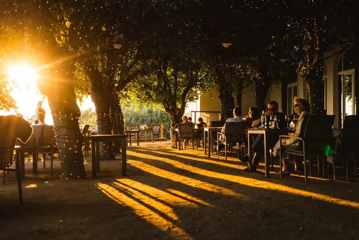 Lindenterrasse People sitting at tables under trees outdoors.